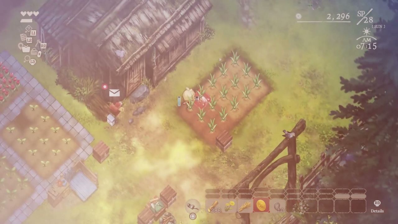 Official Village in the Shade footage: morning on the farm, with the day counter and resources on screen